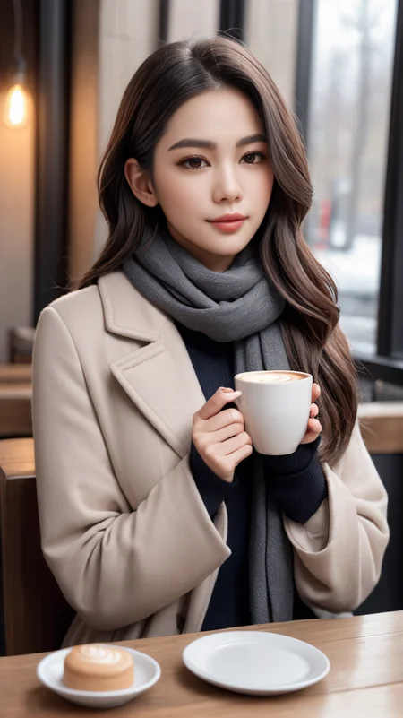 amiya(arknights), 1girl,8k wallpaper,extremely detailed figure, amazing beauty, detailed characters, detailed background,aestheticism, sitting, winter, coffee shop, corner, coat, scarf, large breasts, gray hair, red eyes, emotionless, obedient, obedient, thick eyebrows, small nose, full lips, long eyelashes, delicate neck, slender shoulders, bare arms, delicate hands, long fingers, pointed nails, high cheekbones, oval face, smooth skin, rosy cheeks, cup of coffee, saucer, steam, warm, cozy, comfortable, relaxed, calm, quiet, peaceful, serene, contemplative, close-up, best quality, amazing quality, very aesthetic, absurdres <lora:Ivi:0.6>
