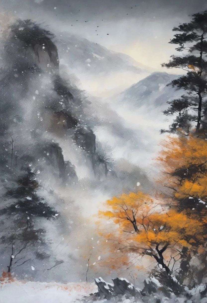 An fine ink splash painting with bold and thick brush touching, masterpiece, highly detailed foreground, ambient lighting, ultra-fine painting, extreme detail description, bokeh, side view, beautiful rendering, (blurry realistic very low saturation background), professional, healing,
unbalance composition, blank space, 
Misty, (backlight:0.5), (silhouette:0.1),
day, background is snowing japanese traditional mountain and cliff, Ginkgo, very cold and windy, blurry foreground, snow splashing light in air, romantic atmospheric background