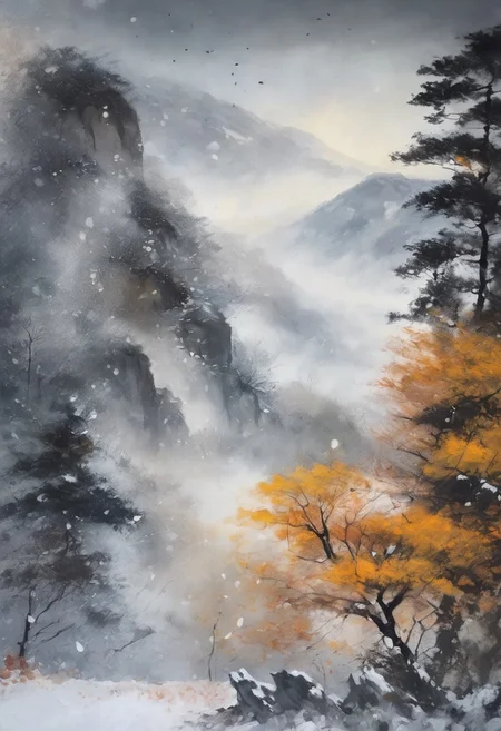 An fine ink splash painting with bold and thick brush touching, masterpiece, highly detailed foreground, ambient lighting, ultra-fine painting, extreme detail description, bokeh, side view, beautiful rendering, (blurry realistic very low saturation background), professional, healing,
unbalance composition, blank space,
Misty, (backlight:0.5), (silhouette:0.1),
day, background is snowing japanese traditional mountain and cliff, Ginkgo, very cold and windy, blurry foreground, snow splashing light in air, romantic atmospheric background