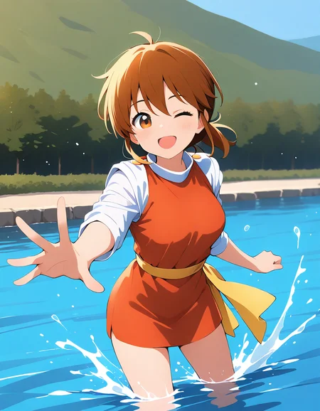 <lora:MF2colt_SDXL_illustrious01_fp16_ver01:1>,MF2colt, 1girl, brown hair,brown eyes, medium breasts,shirt, yellow sash, open mouth, smile,one eye closed,in river, splashing,newest, <lora:HairintakesEraser_v01_illustrious_10steps:2>, masterpiece, best quality, very aesthetic, absurdres,<lora:detailed_hands:1>,hand