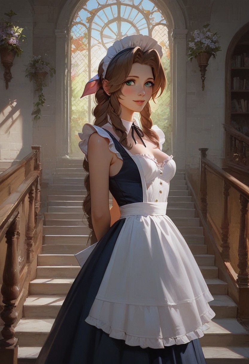 score_9, score_8_up, score_7_up, medieval fantasy, Expressiveh, a sexy brunette green eyes girl Aerith Gainsborough, black lace maid lingerie, maid bonnet, medium perfect breasts, perfect face, long and slender body, semi realistic, (rich mansion interior with grand staircase), marble and gold, standing, looking at viewer, hands behind back, shy, smile.