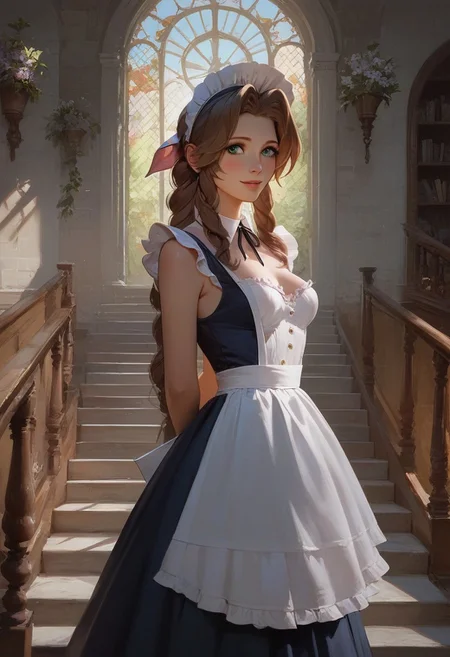 score_9, score_8_up, score_7_up, medieval fantasy, Expressiveh, a sexy brunette green eyes girl Aerith Gainsborough, black lace maid lingerie, maid bonnet, medium perfect breasts, perfect face, long and slender body, semi realistic, (rich mansion interior with grand staircase), marble and gold, standing, looking at viewer, hands behind back, shy, smile.