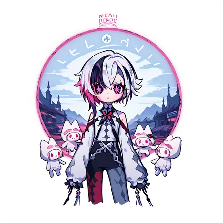 <lora:Berta_Delica:1> black hair, pink hair, multicolored hair, symbol-shaped pupils
<lora:arlecchino xl pd:0.8> arlecchino gi, x-shapped pupils,white hair,short hair
