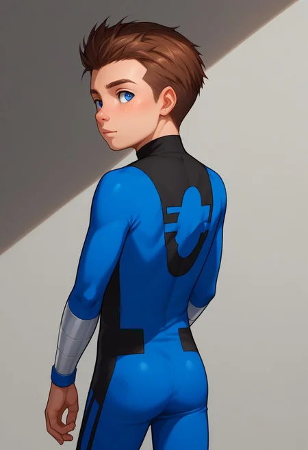 score_9, score_8_up, score_7_up, highly detailed, cute boy, 1boy, solo, young, Jack Power, Blue Eyes, Brown Hair, Freckles, Mass Master, Blue and Black Bodysuit, from behind, looking back