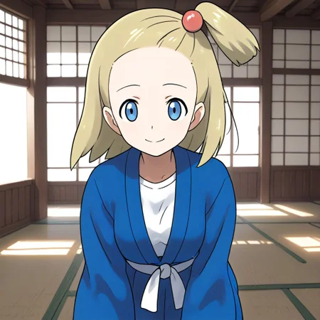 2d, masterpiece, best quality, amazing quality, 1girl, solo, close-up, standing, smile, upper body, leaning_forward, looking at viewer, dojo, (mature female, adult body, grown up, aged up), medium breasts, battlegirlxy, blue eyes, short hair, blonde hair, one side up, hair bobbles, forehead, dougi, white shirt, blue jacket, long sleeves, white sash, blue pants, score_9, score_8_up, score_7_up,source_anime
