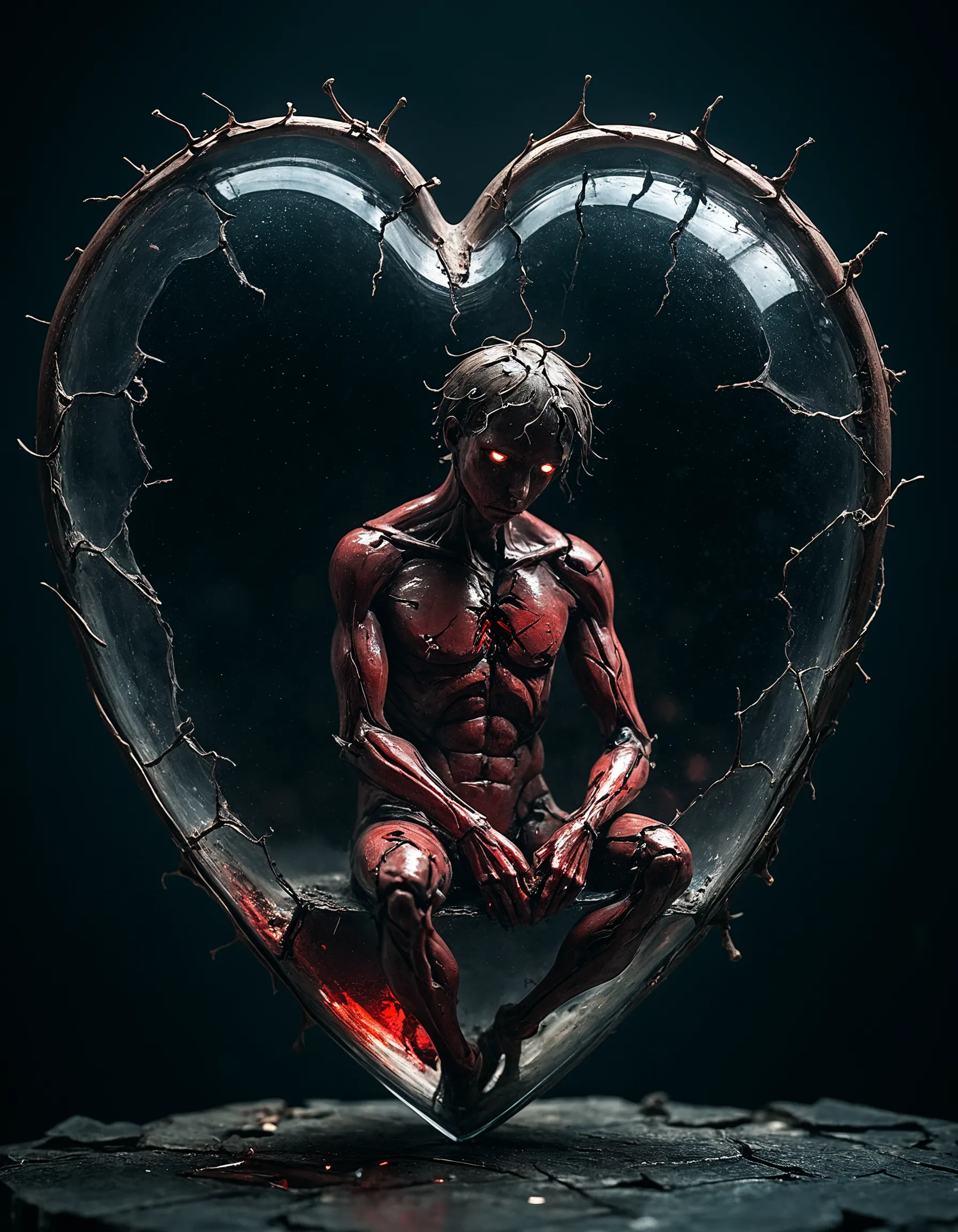 sad human sitting inside the cracked bloody Glass heart, macro photography, dramatic lighting, dark, sad and lonely, bokeh