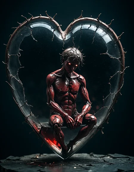 sad human sitting inside the cracked bloody Glass heart, macro photography, dramatic lighting, dark, sad and lonely, bokeh