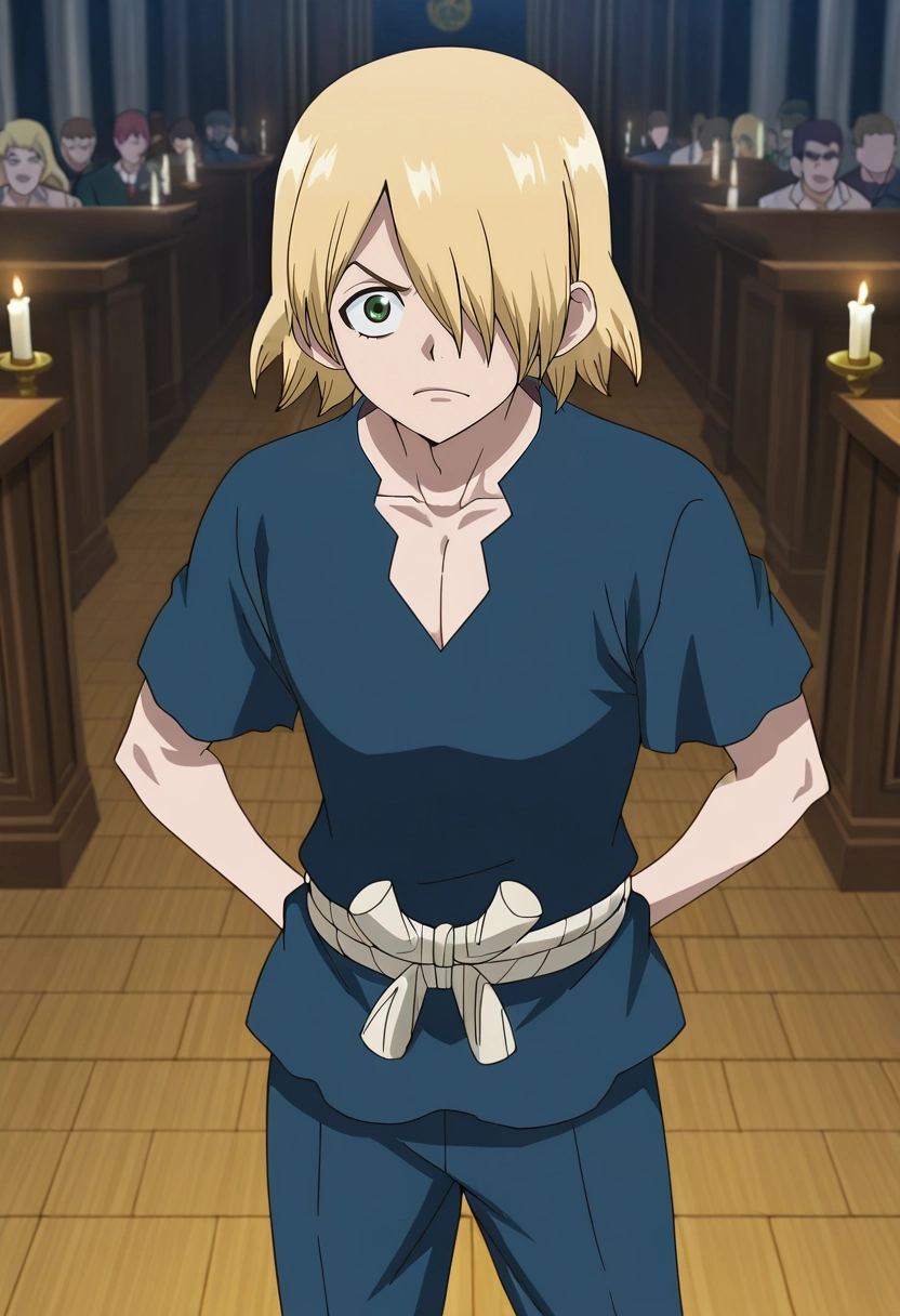 masterpiece, best quality, anime screencap, official style, anime coloring, cowboy shot, 1boy, solo, male focus, <lora:ginrou_dr_stone_ilxl:1>, ginrou_dr_stone, blonde hair, green eyes, short hair, hair over one eye, blue shirt, short sleeves, salem witch trials, dark courtroom, condemned prisoners, tense crowd, standing pose, fearful expression, dim candlelight, Joggers, Suit jacket, Derby shoes, ,