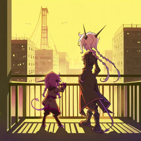 score_9, score_8_up, score_7_up,namah_calah,
1girl,solo,furry,tail, source_furry,horns,
 ,<lora:namah_calah_illustrious:0.8>,
kid, child,
High-resolution semi-realistic anime-style illustration, soft painterly shading, a young woman standing on a steel platform in a vast container port at dawn. Towering cranes loom overhead, their silhouettes cutting through the soft golden light as the sun rises over the misty harbor. Her auburn hair is styled into loose twin braids, strands catching in the cool morning breeze. She wears a long, sleek leather trench coat, left open to reveal a fitted black bodysuit underneath, paired with high-waisted cargo pants and sturdy combat boots. The coat billows slightly as she stands with one foot resting on the platform railing, gazing over the fog-covered shipping containers. Streaks of mist curl around the vibrant metal stacks, their colors muted by the diffused morning light. In the distance, the faint hum of machinery echoes through the industrial maze, blending with the distant call of seagulls. Painterly cool grays, warm ambers, and soft blues, evoking a cinematic, atmospheric, and serene industrial landscape <lora:Anime_Art_V3:0.8> <lora:FluxMythV2:0.8>