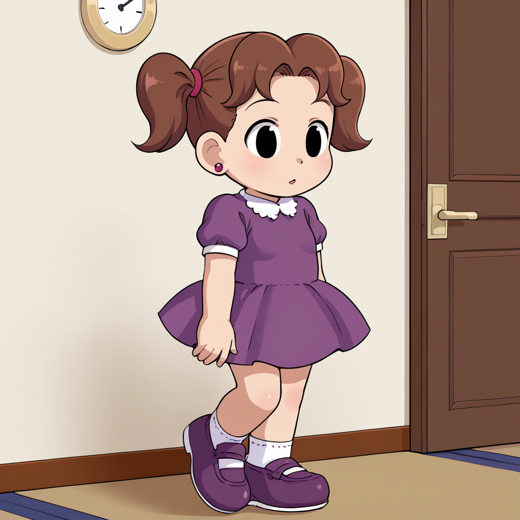 indoors,  <lora:DeniseV2:1> denisetdm, 1girl, solo, black eyes, reddish-brown hair, twintails, short twintails, jewelry, earrings, dress, purple dress, short sleeves, whit socks, shoes, purple footwear