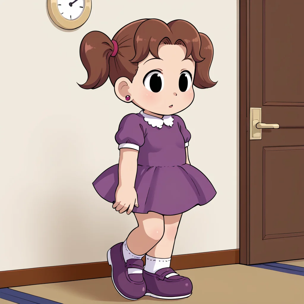 indoors, <lora:DeniseV2:1> denisetdm, 1girl, solo, black eyes, reddish-brown hair, twintails, short twintails, jewelry, earrings, dress, purple dress, short sleeves, whit socks, shoes, purple footwear