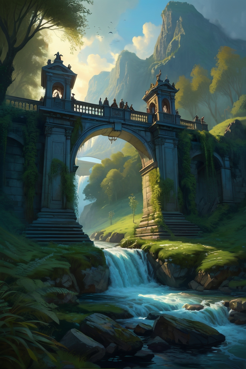 misty forest waterfall cascading into stone bridge ,sacred rivers flowing with liquid moonlight, their banks overgrown with truth-speaking reeds where river nymphs bargain with years of life, river evening,weather steamy outdoors cinematic view, epic sky, detailed, concept art, low angle, high detail, warm lighting, volumetric, godrays, vivid, beautiful, trending on artstation, by Loish, huge scene, grass, art greg rutkowski,
 <lora:detailed_notrigger:0.7>, <lora:add-detail-xl:0.3>, oil painting art style from Renaissance period, masterful composition, Renaissance mood, renaissance oil painting, brush strokes, Baroque art style, dynamic composition, dramatic lighting, rich colors, intricate details, professional-grade execution, captures the grandeur and theatricality of the Baroque period