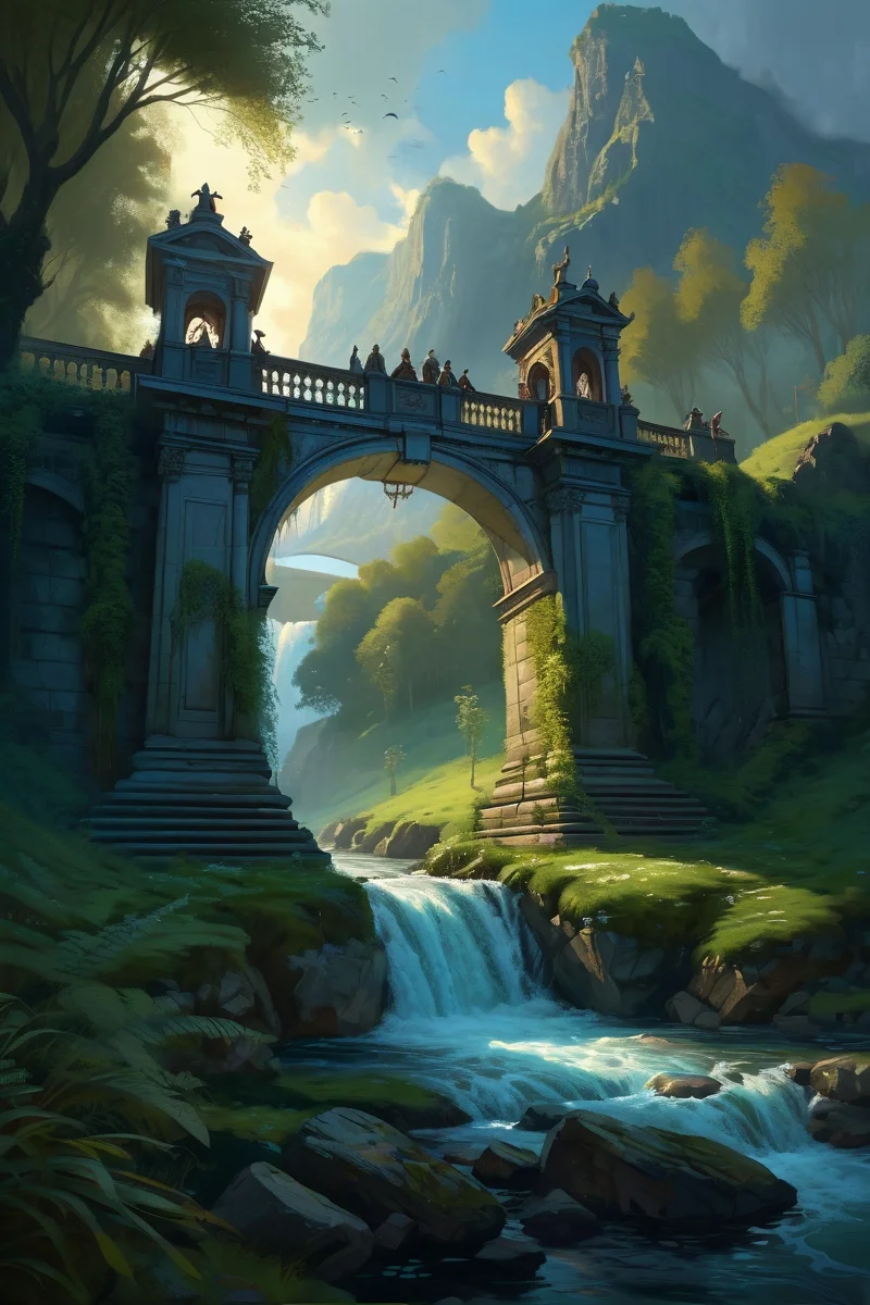 misty forest waterfall cascading into stone bridge ,sacred rivers flowing with liquid moonlight, their banks overgrown with truth-speaking reeds where river nymphs bargain with years of life, river evening,weather steamy outdoors cinematic view, epic sky, detailed, concept art, low angle, high detail, warm lighting, volumetric, godrays, vivid, beautiful, trending on artstation, by Loish, huge scene, grass, art greg rutkowski,
<lora:detailed_notrigger:0.7>, <lora:add-detail-xl:0.3>, oil painting art style from Renaissance period, masterful composition, Renaissance mood, renaissance oil painting, brush strokes, Baroque art style, dynamic composition, dramatic lighting, rich colors, intricate details, professional-grade execution, captures the grandeur and theatricality of the Baroque period