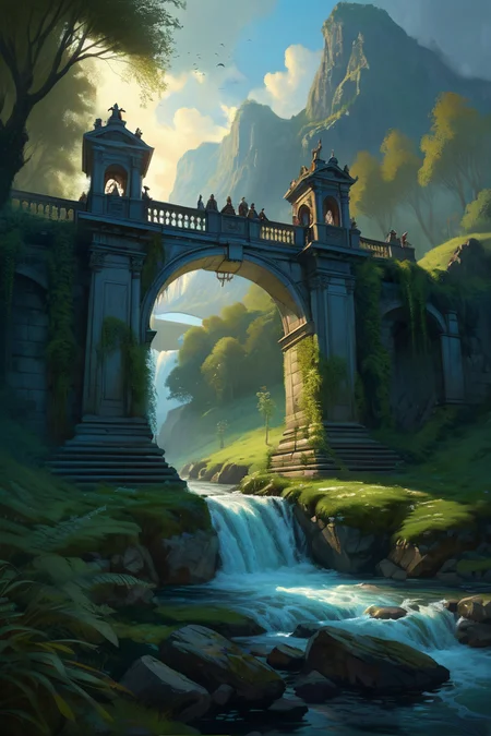 misty forest waterfall cascading into stone bridge ,sacred rivers flowing with liquid moonlight, their banks overgrown with truth-speaking reeds where river nymphs bargain with years of life, river evening,weather steamy outdoors cinematic view, epic sky, detailed, concept art, low angle, high detail, warm lighting, volumetric, godrays, vivid, beautiful, trending on artstation, by Loish, huge scene, grass, art greg rutkowski,
<lora:detailed_notrigger:0.7>, <lora:add-detail-xl:0.3>, oil painting art style from Renaissance period, masterful composition, Renaissance mood, renaissance oil painting, brush strokes, Baroque art style, dynamic composition, dramatic lighting, rich colors, intricate details, professional-grade execution, captures the grandeur and theatricality of the Baroque period