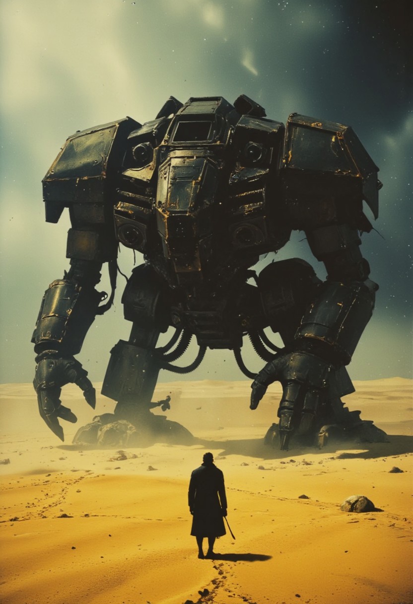 Muted yellow, gray, and black tones dominate the scene, evoking a dystopian, industrial atmosphere. Retro scan of an 80s sci-fi book, lofi, grainy, melancholic yet hyper-detailed, cinematic. A digital painting in the style of ck-js: A colossal, technologically complex space Marine Dreadnought lies stranded in the middle of a desolate, cracked wasteland. Its intricate, black-and-gray hull is battered and scorched, with sections torn apart, exposing tangled mechanical innards and fading yellow hazard markings. The mech looms over the barren landscape like a beached leviathan, its towering silhouette casting long, menacing shadows across the ground. Surrounding the Warhammer Dreadnought mech wreck is a lifeless desert of fractured, dusty yellow and gray earth, dotted with scattered debris from the ship's catastrophic landing. The horizon is hazy, blending seamlessly into a dark, overcast sky, where storm clouds churn and faint beams of pale light struggle to break through. Cinematic lighting bathes the scene in a somber glow, with swirling dust and subtle volumetric effects emphasizing the sheer scale of the wreckage. The atmosphere is heavy with a sense of abandonment and decay, enhanced by soft shadows, shallow depth of field, and a gritty film grain that lends the image an aged, retro-futuristic texture. A haunting reminder of technological ambition lost to ruin.