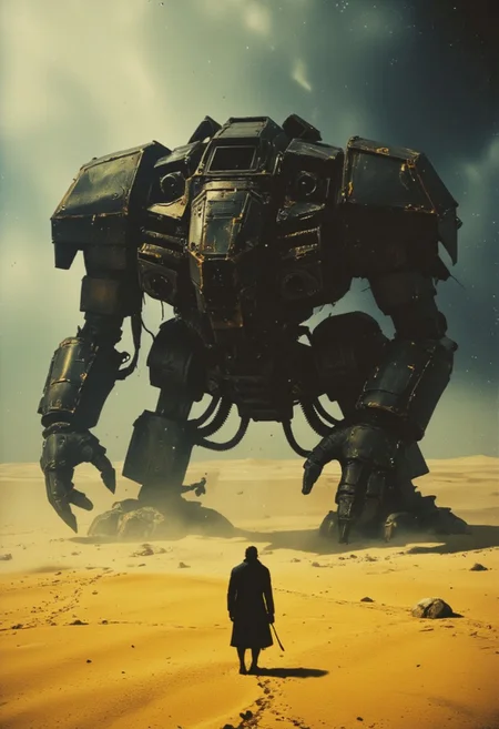 Muted yellow, gray, and black tones dominate the scene, evoking a dystopian, industrial atmosphere. Retro scan of an 80s sci-fi book, lofi, grainy, melancholic yet hyper-detailed, cinematic. A digital painting in the style of ck-js: A colossal, technologically complex space Marine Dreadnought lies stranded in the middle of a desolate, cracked wasteland. Its intricate, black-and-gray hull is battered and scorched, with sections torn apart, exposing tangled mechanical innards and fading yellow hazard markings. The mech looms over the barren landscape like a beached leviathan, its towering silhouette casting long, menacing shadows across the ground. Surrounding the Warhammer Dreadnought mech wreck is a lifeless desert of fractured, dusty yellow and gray earth, dotted with scattered debris from the ship's catastrophic landing. The horizon is hazy, blending seamlessly into a dark, overcast sky, where storm clouds churn and faint beams of pale light struggle to break through. Cinematic lighting bathes the scene in a somber glow, with swirling dust and subtle volumetric effects emphasizing the sheer scale of the wreckage. The atmosphere is heavy with a sense of abandonment and decay, enhanced by soft shadows, shallow depth of field, and a gritty film grain that lends the image an aged, retro-futuristic texture. A haunting reminder of technological ambition lost to ruin.