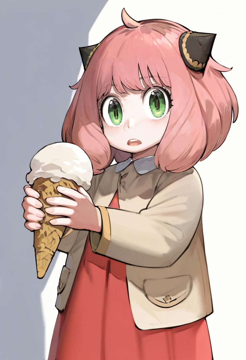 score_9, score_8_up, score_7_up, score_6_up, <lora:navigaviXL_P6_lokr_V53P1:0.95>  1girl, female child, anya \(spy x family\), green eyes, solo, food, pink hair, ice cream, dress, white background, holding, child, simple background, looking at viewer, ahoge, holding food, open mouth, ice cream cone, jacket, medium hair, teeth, upper teeth only, red dress, bangs, long sleeves, standing