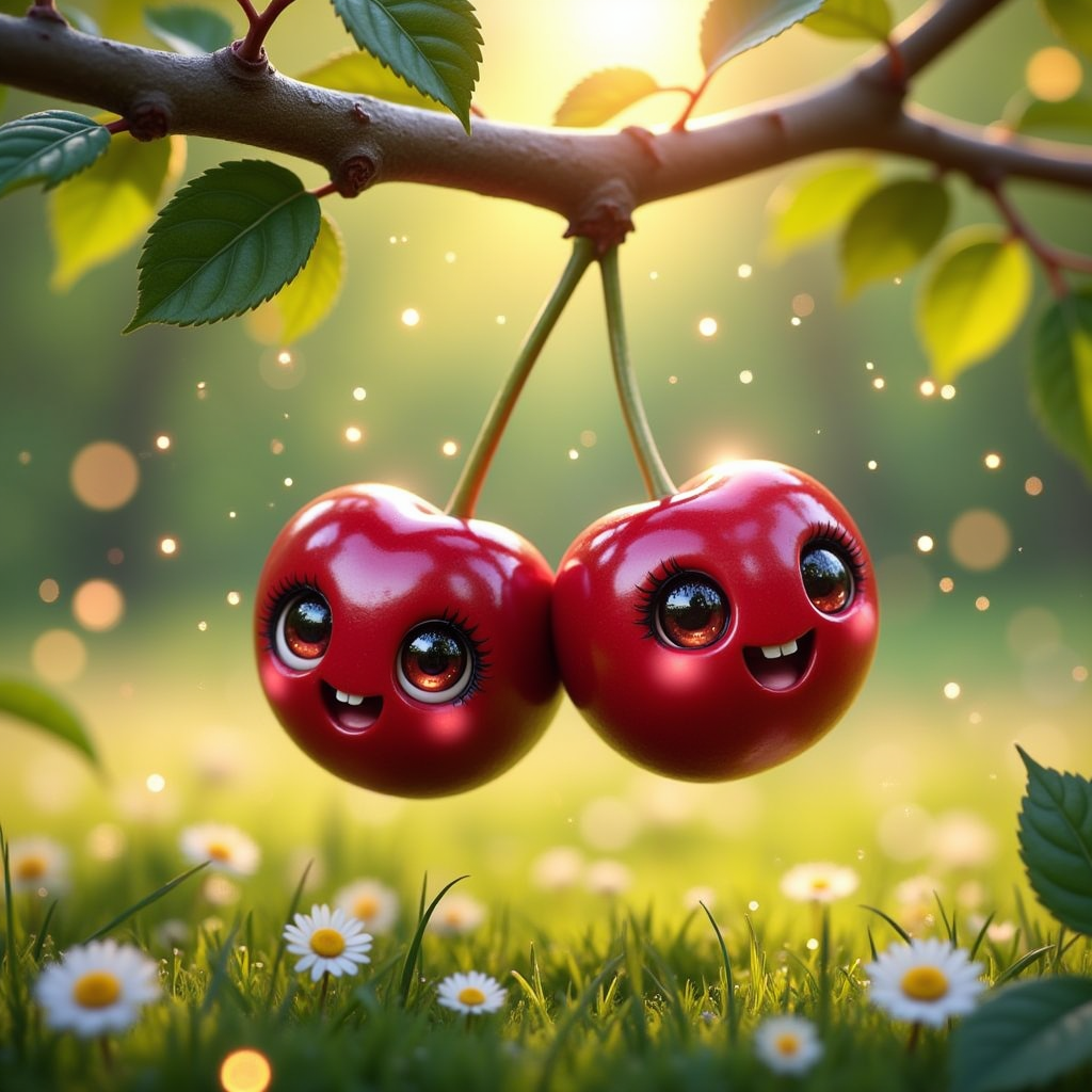 pam-swtvrld happy cherry hanging on a branch. meadow background with glowing particles in the air.