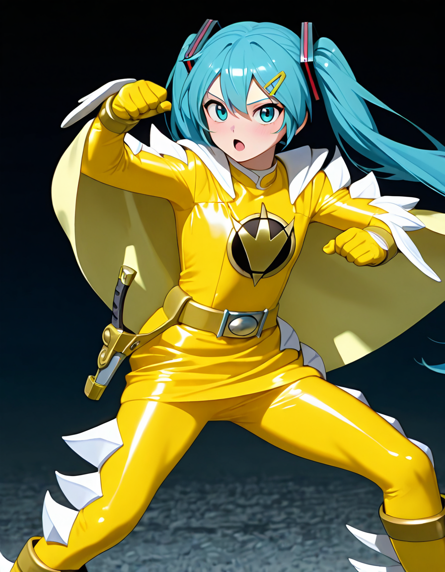 masterpiece, best quality, amazing quality, very aesthetic, absurdres, newest,shiny skin (((anime screenshot:1))), anime coloring, hatsune miku, twintails, blue hair, fighting stance, hairclip looking at viewer, open mouth 1girl , flat chest, Wildtyellow, robot, solo, WLTYLLW bodysuit, breasts, yellow skirt, WLTYLLW spikes, WLTYLLW cape, WLTYLLW belt, WLTYLLW gloves, WLTYLLW boots, helmetless <lora:Power_Rangers_Dino_Thunder_-_BakuryÅ«_Sentai_Abaranger_13_in_1_pack:1>
