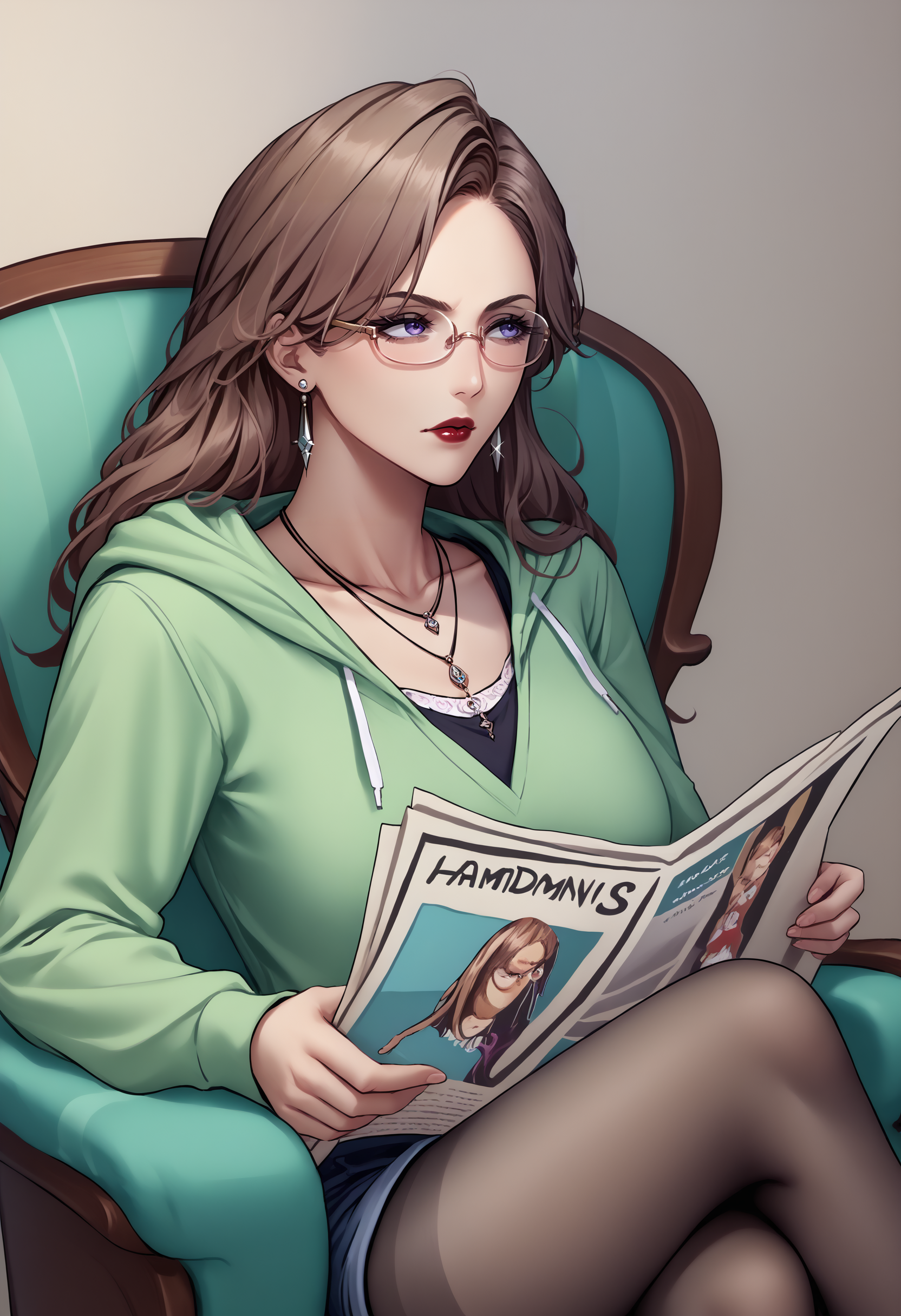 score_9, score_8_up, score_7_up, source_anime, 1girl, TomReadingTheNewspaper, sitting, newspaper, chair, reading, <lora:TomReadingTheNewspaper_XLPD:1>,  <lora:champtn-pdxl-beta2:0.9>, champtn, mature female, blue eyes, purple eyes, brown hair, long hair, red lips, glasses, semi-rimless eyewear, round glasses, makeup, earrings, necklace, collarbone, hoodie, casual, pantyhose, shorts, crossed legs,