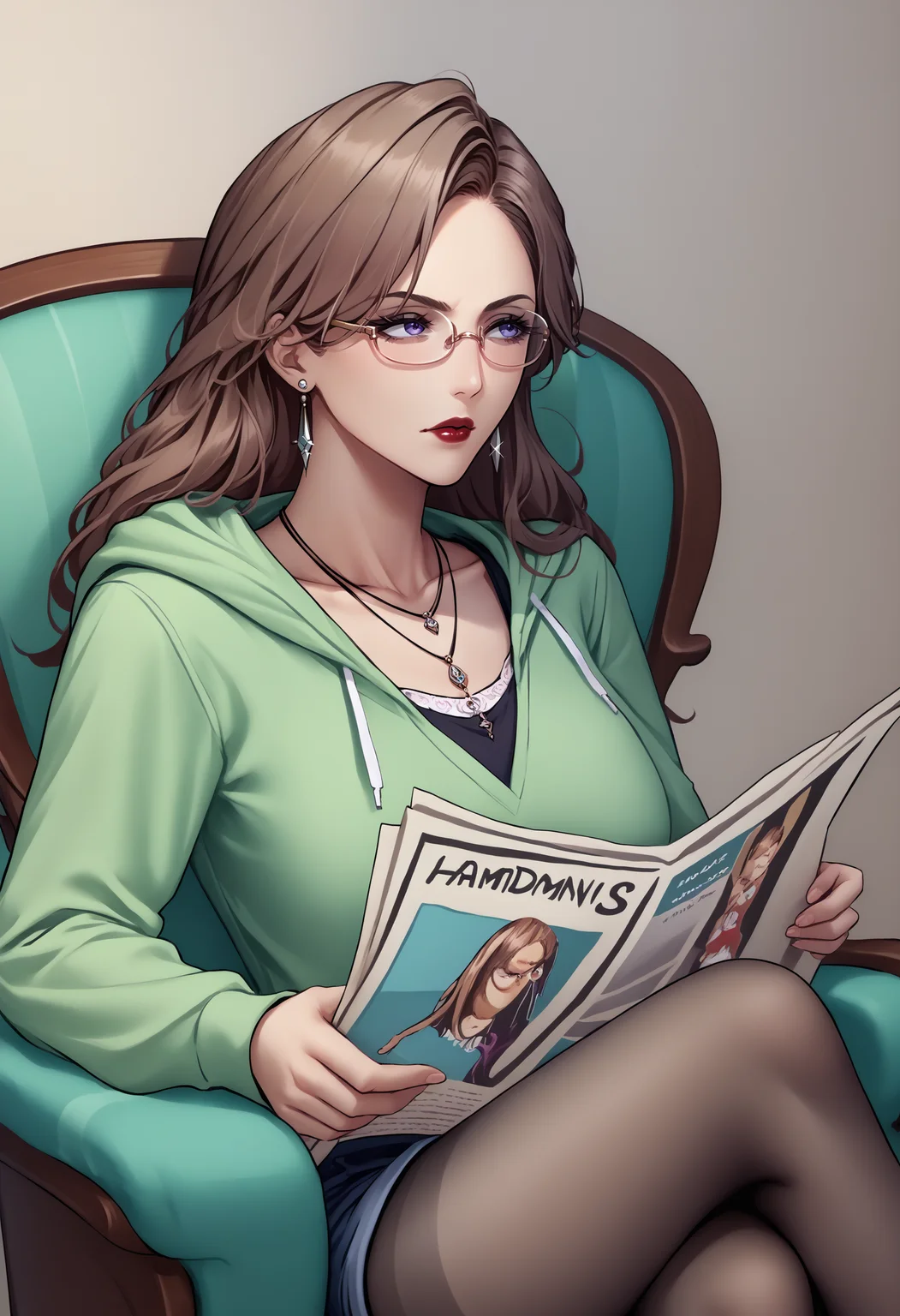 score_9, score_8_up, score_7_up, source_anime, 1girl, TomReadingTheNewspaper, sitting, newspaper, chair, reading, <lora:TomReadingTheNewspaper_XLPD:1>, <lora:champtn-pdxl-beta2:0.9>, champtn, mature female, blue eyes, purple eyes, brown hair, long hair, red lips, glasses, semi-rimless eyewear, round glasses, makeup, earrings, necklace, collarbone, hoodie, casual, pantyhose, shorts, crossed legs,