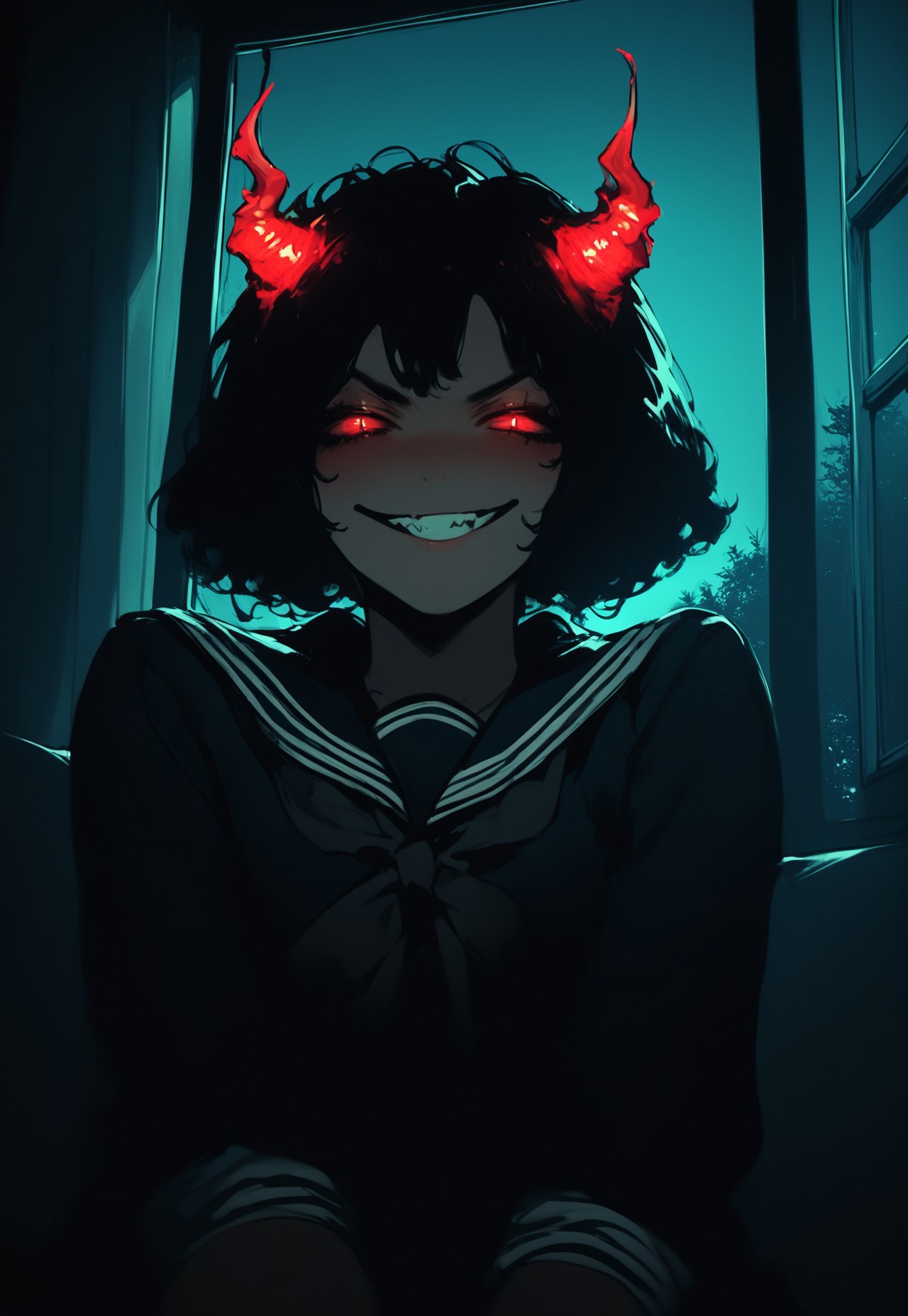 Score_9, score_8_up, score_7_up, score_6_up, score_5_up, score_4_up, 1girl, beautiful, darkness, school uniform, night, smirk, horny, horror, window, dark hues, glowing horns, 