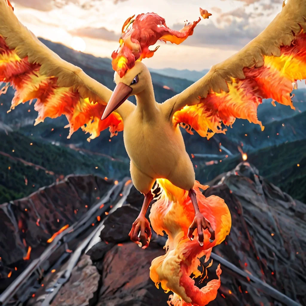 score_9, score_8_up, score_7_up, score_6_up, solo, moltres, pokemon (creature), feral, avian, bird, bipedal, orange body, orange feathers, body feathers, detailed feathers, realistic feathers, flaming feathers, fiery feathers, flames, talons, flaming tail feathers, fiery tail, flaming crest feathers, sharp beak, white sclera, large wings, wing arms, arm wings, flaming wings, flying, in air, embers in background, volcano, lava, dynamic angle, cinematic, photorealistic, real life