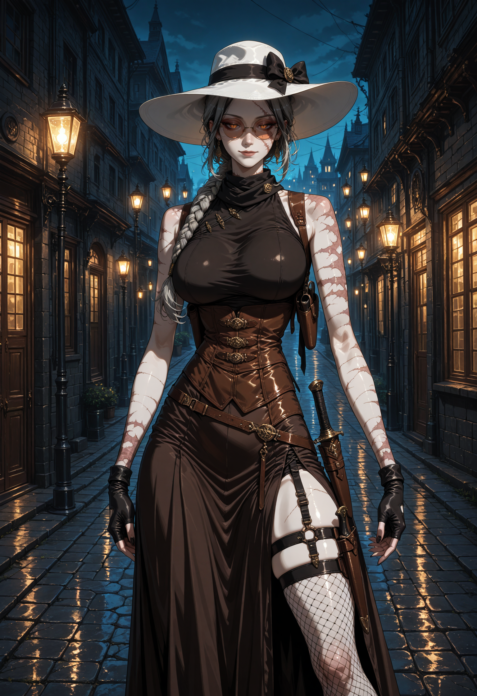 score_9,score_8_up,score_7_up,
solo, 1girl,  
<lora:tao_(gokurakugai)-koto-illustrious:0.7>, taogakr, grey hair,  dark amber eyes (((slit pupils))), (eye trail), round eyewear, two-tone hair, black hair, roots (hair), glasses, sunglasses, long hair, jewelry, braided ponytail, single braid, multicolored hair, earrings, large breasts, purples nails, eyeliner, eyelashes, mascara, stiches scars on face, b <lora:ya_stitched_scars:0.6>,ya_stitches, (burn scars half face), brown lipstick, pale skin, 
wearing brown Henley polo, shoulder holster, fingerless gloves,  black scarf, light asymmetrical long brown skirt,  bare shoulders, sleveless, white hat bow, black fashion hat,fishnet thighhighs, fishnets, garter belt, 
thigh holster, holster, thigh strap, dagger, sheathed, 
standing,
(((half-closed eyes))), stern look, (((light smile:1.2))), (closed mouth), 
(outdoors), Victorian street, cobblestone road, gas lamps casting flickering light,  detailed gothic architecture, public place,eerie mist, (dark fantasy, eerie:1.3), (haunting, atmospheric:1.2), (nightmarish:1.4),
night, (dark, dark night, night),
{(detailed face, detailed nose, detailed mouth, pretty face)}, {(perfect body, detailed body, beautiful body)}, <lora:iLLMythG0thicL1nes:0.3>, G0thicL1nes, best quality, high resolution, distinct image, intricate_detail, highres, official art, finely detailed beautiful face, high-resolution illustration, 8k, Dynamic Range, tonemapping, crisp details, Beautiful Finger,Beautiful body,Beautiful Nose,Beautiful character design, (perfect eyes),extremely detailed CG unity 8k wallpaper, deviantart hd, artstation hd, concept art, detailed face and body, award-winning photography, margins, detailed face, 12k, ray tracing, intense gaze,  art by Grzegorz Rutkowski, <lora:Dramatic Lighting Slider:4.0>, chiaroscuro, <lora:ponyxl\cfg_scale_boost:0.8>