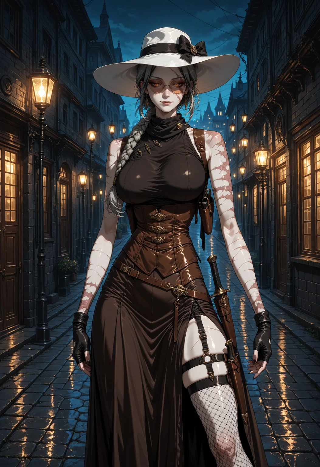 score_9,score_8_up,score_7_up,
solo, 1girl,  
<lora:tao_(gokurakugai)-koto-illustrious:0.7>, taogakr, grey hair,  dark amber eyes (((slit pupils))), (eye trail), round eyewear, two-tone hair, black hair, roots (hair), glasses, sunglasses, long hair, jewelry, braided ponytail, single braid, multicolored hair, earrings, large breasts, purples nails, eyeliner, eyelashes, mascara, stiches scars on face, b <lora:ya_stitched_scars:0.6>,ya_stitches, (burn scars half face), brown lipstick, pale skin, 
wearing brown Henley polo, shoulder holster, fingerless gloves,  black scarf, light asymmetrical long brown skirt,  bare shoulders, sleveless, white hat bow, black fashion hat,fishnet thighhighs, fishnets, garter belt, 
thigh holster, holster, thigh strap, dagger, sheathed, 
standing,
(((half-closed eyes))), stern look, (((light smile:1.2))), (closed mouth), 
(outdoors), Victorian street, cobblestone road, gas lamps casting flickering light,  detailed gothic architecture, public place,eerie mist, (dark fantasy, eerie:1.3), (haunting, atmospheric:1.2), (nightmarish:1.4),
night, (dark, dark night, night),
{(detailed face, detailed nose, detailed mouth, pretty face)}, {(perfect body, detailed body, beautiful body)}, <lora:iLLMythG0thicL1nes:0.3>, G0thicL1nes, best quality, high resolution, distinct image, intricate_detail, highres, official art, finely detailed beautiful face, high-resolution illustration, 8k, Dynamic Range, tonemapping, crisp details, Beautiful Finger,Beautiful body,Beautiful Nose,Beautiful character design, (perfect eyes),extremely detailed CG unity 8k wallpaper, deviantart hd, artstation hd, concept art, detailed face and body, award-winning photography, margins, detailed face, 12k, ray tracing, intense gaze,  art by Grzegorz Rutkowski, <lora:Dramatic Lighting Slider:4.0>, chiaroscuro, <lora:ponyxl\cfg_scale_boost:0.8>