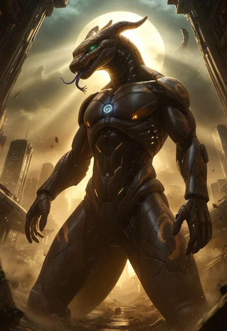 DonMX3n0T3chXL, anthropomorphic_snakes_(naga), futuristic robot snake, fully metal snake, mecha snake, giant mech robot snake, standing tall, Naruto_Manda, snake, slit pupils, green eyes, purple body, body markings, black eye markings, 2 pair of horns, black belly scales, blue tongue, forked tongue, low angle, dramatic lighting, volumetric lighting, ruined city background, detailed background, ruined sky scrapers in background, destroyed city background,