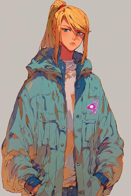 score_9, score_8_up, score_7_up, samus aran, solo, solo focus, cowboy shot, white background, Standing with hands in pockets, looking casual., <lora:mizucx:1>