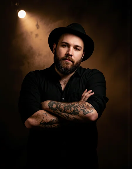 Rembrandt Lighting. A portrait shoot from a portrait camera angle about a man with a beard and tattoos, wearing a black shirt and a black hat, standing confidently with his arms crossed in the middle of the image. the man, who appears to be in his mid-twenties, has a serious expression on his face and is looking directly at the viewer. he has a full beard and mustache, and his hair is styled in a messy manner. his eyes are not visible, but his facial features are detailed and well-defined. he is standing in front of a dark, smoky background with a spotlight shining down on him, casting a warm glow on his tattoos on his arms. the lighting is dramatic, highlighting the man's tattoos and creating a sense of depth and atmosphere. the overall mood is serious and confident.