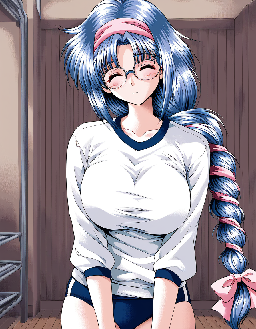 score_9, score_8_up, score_7_up, source_anime, rating_explicit, BREAK  <lora:Nikaidou_Honoka_XL:1> NikaidouHonoka,  blue hair, long hair, large breasts, pink hairband, closed eyes, pink hair ribbon, single braid,
dark blue buruma, blush, white gym uniform,  cowboy Shot, glasses:1.2
closed mouth,
looking at viewer, 
cowboyShot, 
flooring, room,