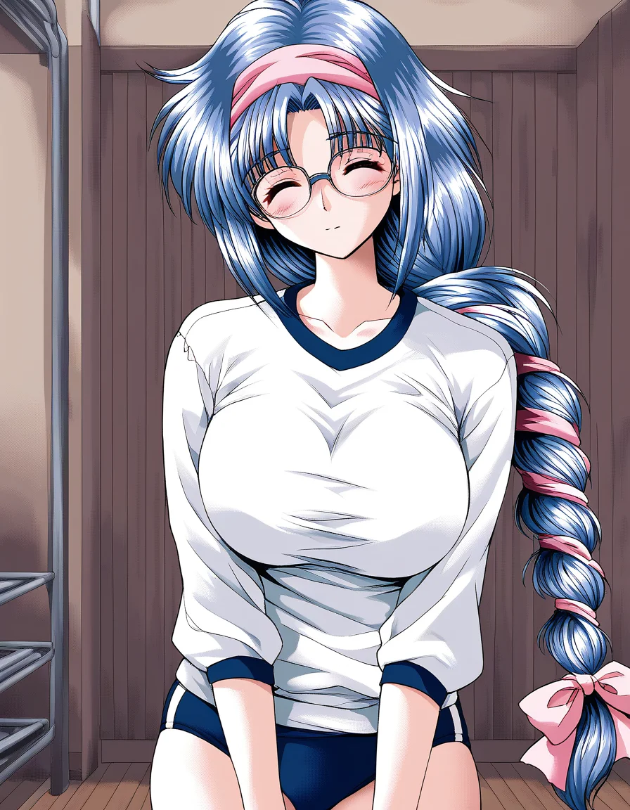 score_9, score_8_up, score_7_up, source_anime, rating_explicit, BREAK <lora:Nikaidou_Honoka_XL:1> NikaidouHonoka, blue hair, long hair, large breasts, pink hairband, closed eyes, pink hair ribbon, single braid,
dark blue buruma, blush, white gym uniform, cowboy Shot, glasses:1.2
closed mouth,
looking at viewer,
cowboyShot,
flooring, room,