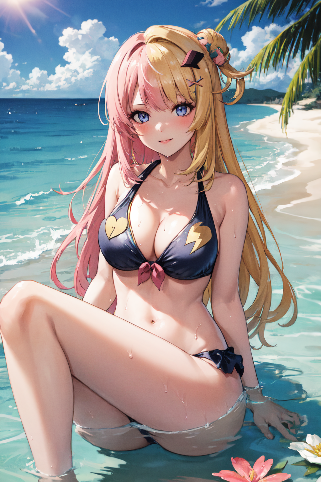 masterpiece, (detailed, highres, best quality), 1girl, <lora:spkotokaTorahime:1> kotokadef, swimsuit, white bikini, day, feet out of frame, flower, glint, leaf, lens flare, ocean, outdoors, pink flower, sky, sunlight, water, wet, white flower, yellow flower