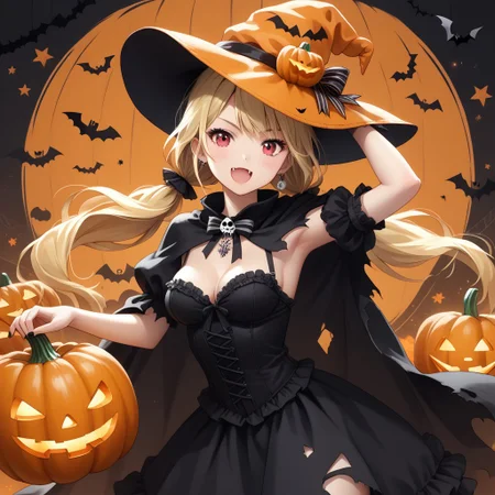 long twintails, blonde hair, pumpkin hat,medium breasts ,fang
gothic dress,torn cloak,
halloween, halloween costume,pose
arm raised on the hat
score_9, score_8_up, score_7_up,  masterpiece, best quality, source_anime, source_hentai,  uncensored, detailed background,