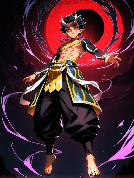 masterpiece, very aesthetic, best quality, solo, amazing quality, imtdzohakuten, 1boy, male, tassel, black hair, pointy ears, red sclera, yellow eyes, egyptian clothes, horns, covered arms, bracelet, pants, short hair, kanji pupils, barefoot, facial mark, spiked hair, fit body, toned, fangs, black nails, sharp fingernails, long sleeves, full body, looking down, looking at viewer, dynamic angle, arm extended towards the viewer, levitating, dark aura, expressionless, floating, from below, red sky, black moon, fantasy background, dark background, intricate details, detailed background