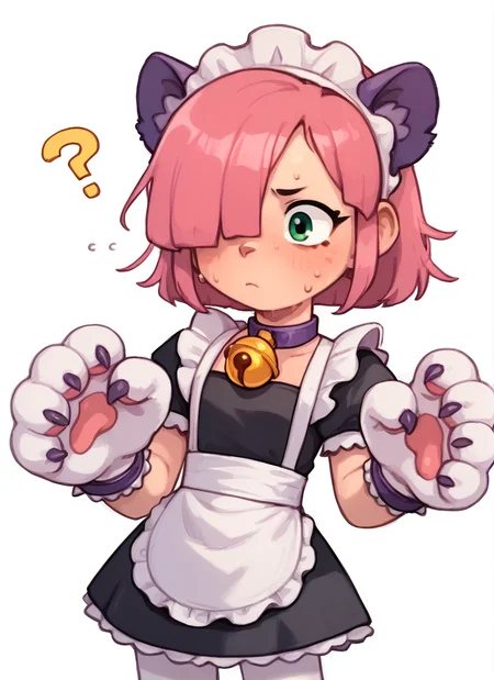 score_9, score_8_up, score_7_up , <lora:pawlette:1> 1girl, human , pawlette ,animal ears, pink hair, hair over one eye, maid headdress, bracelet ,necklace, neck bell, maid, short dress, White Stockings , paw gloves,solo , <lora:PossumMachine:1>posmach , confused, ??? ,sweat, simple background,