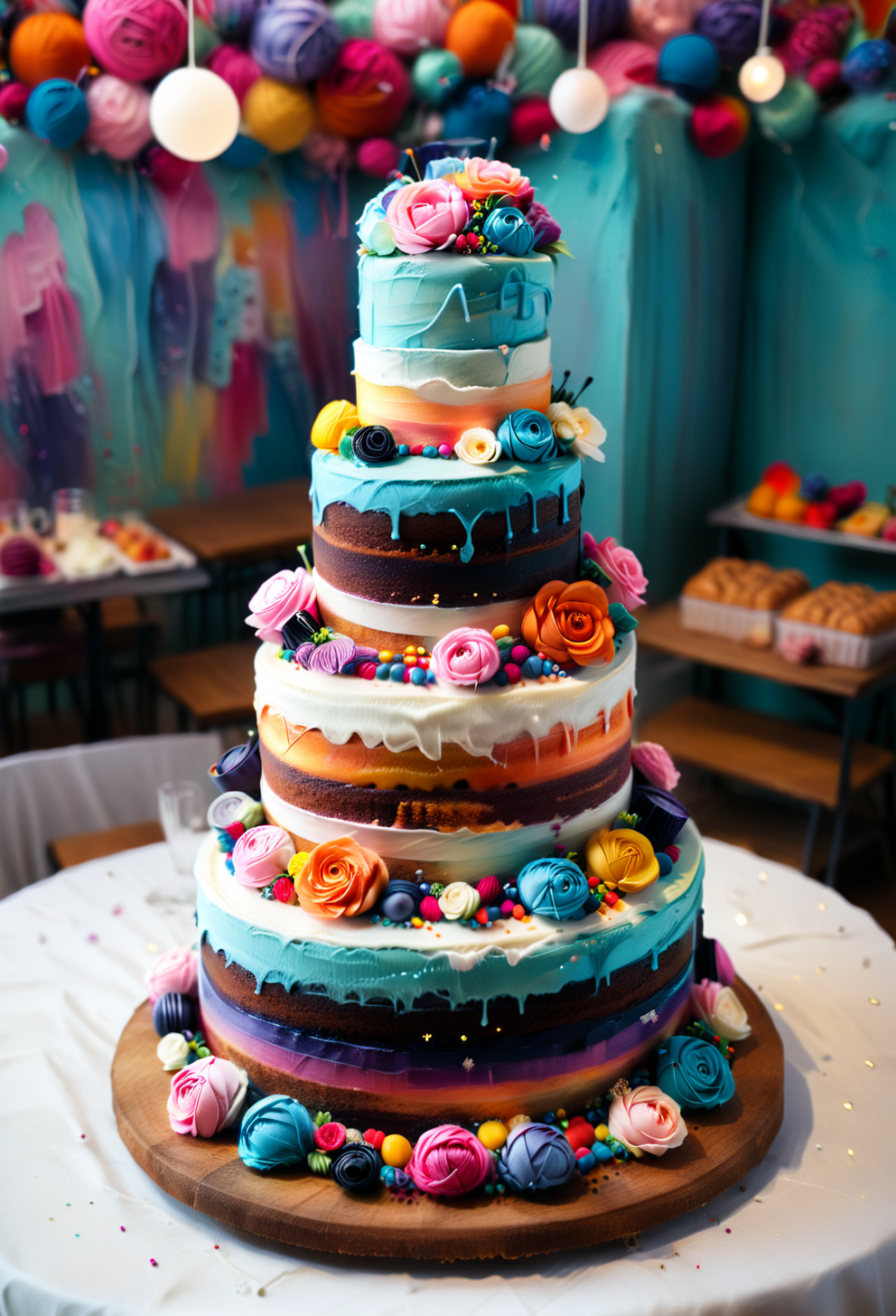 <lora:Yarnworld:1> cute, colorful, vivid and whimsical, imaginative, surreal fantasy,  An epic image of a  yrnwrld 5 layer wedding cake  in a yrnwrld bakery,  ((dynamic angle, dynamic view, dutch angle)), blurred background, 
<lora:add-detail-xl:1> ,  <lora:aidmaImageUpgraderSDXL-v0.3:0.75> aidmaimageupgrader,   <lora:xl_more_art-full_v1:1>
