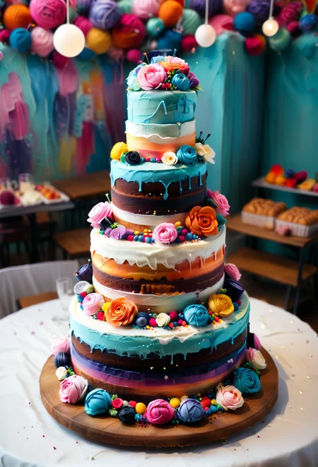 <lora:Yarnworld:1> cute, colorful, vivid and whimsical, imaginative, surreal fantasy, An epic image of a yrnwrld 5 layer wedding cake in a yrnwrld bakery, ((dynamic angle, dynamic view, dutch angle)), blurred background,
<lora:add-detail-xl:1> , <lora:aidmaImageUpgraderSDXL-v0.3:0.75> aidmaimageupgrader, <lora:xl_more_art-full_v1:1>