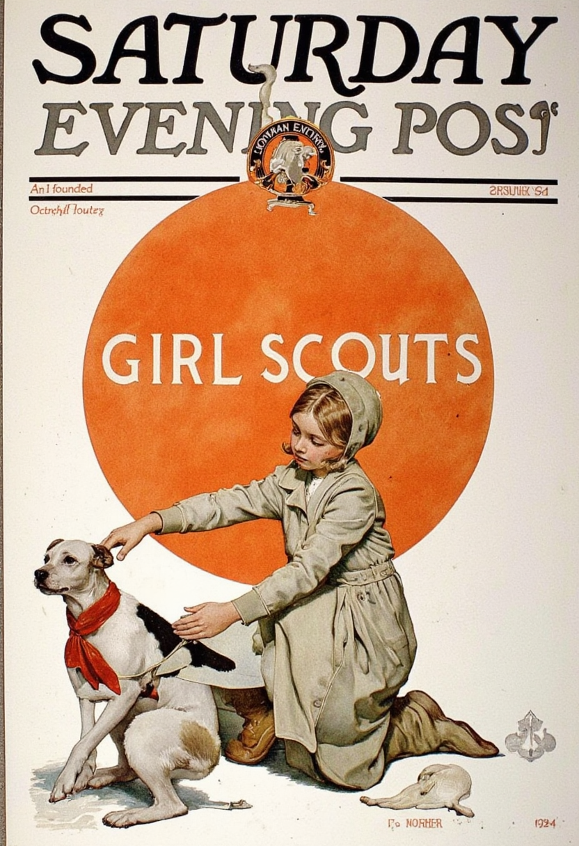 Art by Norman Rockwell. A vintage Saturday Evening Post cover from 1924 featuring a young girl in a gray trench coat and hat, kneeling on the ground and petting a small white and black dog. the girl, who appears to be around 10 years old, has short, light brown hair and is wearing a red scarf around her neck. she is looking down at the dog with a gentle expression. the dog is sitting next to her, looking up at her with a curious expression. on the front of the cover, there is a large orange circle with the words "GIRL SCOUTS" written in white, and below the circle, the text "An I founded" and "October 25, 1924" are written in black. the cover also features a dollar sign at the bottom right corner.