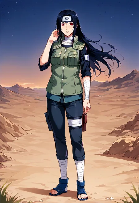 score_9, score_8_up, score_7_up, ASCII masterpiece, source_anime, BREAK, 1girl, solo, (( <lora:mikoto_uchiha :1> , mikoto_uchiha, thin waist, wide hips, beautiful skin, beautiful dark blue hair, beautiful long hair, clear eyes, piercing black eyes, bright pupils, beautiful eyes, huge and shaggy breast, beauty, extraordinary beautiful woman, attractive woman, super sexy woman, lustful body, sexy milf with seductive obscene body, sensual body, voluptuous body)) , red eyes, (sharingan:1.3), green jonin vest, turtle neck, dark blue pants, holster, bandage on thigh, bandaged shins, blue sandals, wind, ((forehead protector, konohagakure symbol on forehead protector,)) standing, hand up, hand seal, desert, night, outdoors, solo, angry,