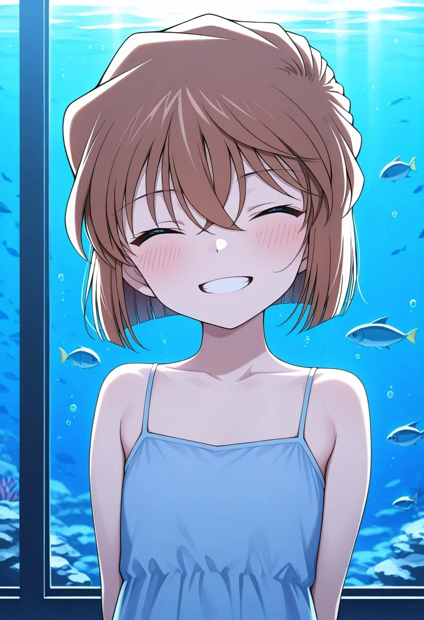 score_9,score_8_up,score_7_up,masterpiece,best quality,amazing quality,1girl, solo ,(front view, )
haibara ai, short hair, brown hair, close eyes, hair between eyes, female child , blue sun dress, Spaghetti straps, sleeveless, upper body only, focus face,
fish, aquarium, underwater window,dark ,natural light,
looking at viewer, happiness, smiling, blush,