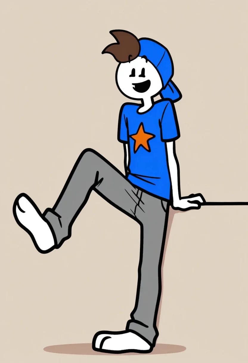 score_9, score_8_up, score_7_up, masterpiece, best quality, amazing quality, Copper, 1boy, solo, brown hair, blue hat, blue shirt, grey pants, black eyes, white skin, male focus, shirt, pants, open mouth, star \(symbol\), smile, standing on one leg, standing, simple background, t-shirt