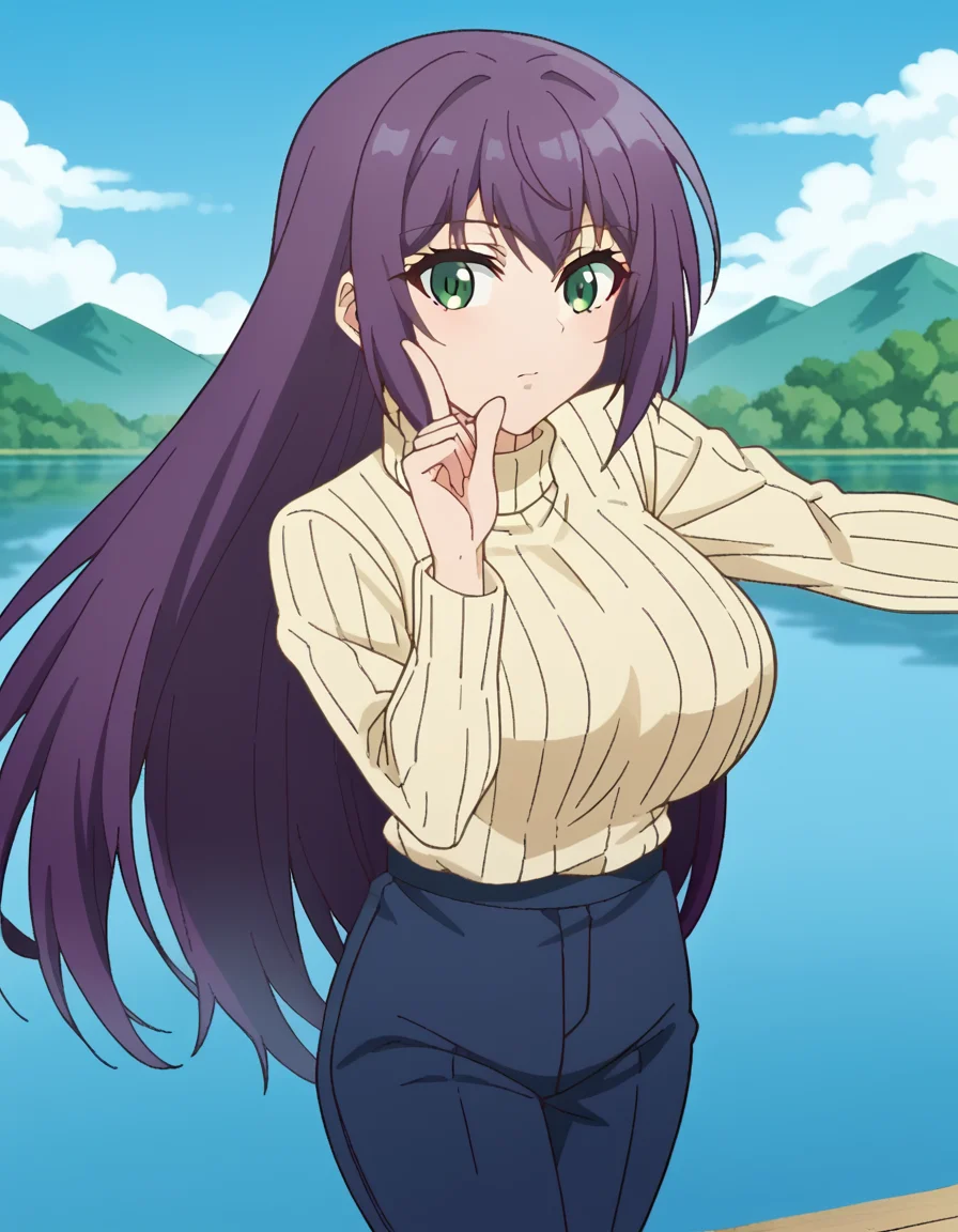 score_9, score_8_up, score_7_up, source_anime, <lora:yutaka-shinozaki-s1-ponyxl-lora-nochekaiser:1>, yutaka shinozaki, long hair, bangs, very long hair, green eyes, purple hair,, large breasts, mature female, long sleeves, pants, sweater, turtleneck, ribbed sweater, turtleneck sweater, blue pants, white sweater, lake, water, reflection, mountains, calm, , <lora:hoshino-ruby-dance-ponyxl-lora-nochekaiser:1>, hoshino ruby dance, finger wagging, index finger raised, dancing, outstretched arm,, looking at viewer, solo,, dutch angle, cowboy shot