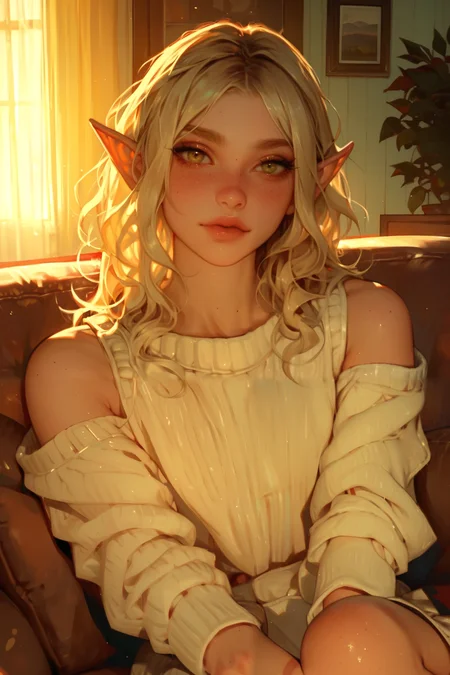 safe_pos, score_9, score_8_up, score_8, 1girl, solo, sexy elf girl 18yo, perfect detailed face, detailed anatomy, indoors, living room, cozy room, looking at viewer, sitting on sofa, dynamic angle, petite body, freckles, shy pose, seductive, 