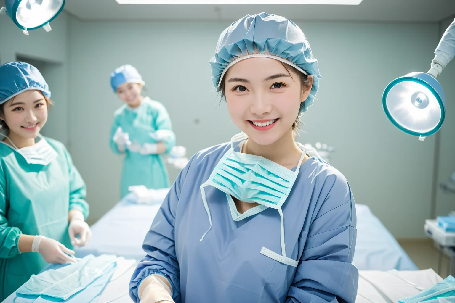 (RAW photo, best quality), 1girl, Japanese, smile, long sleeve surgical outfit, surgical mask, surgical gloves, surgical cap, operating room, overhead surgical light, blurred background, focused
<lora:concept_surgeon_mask_open_xl_v1-000002:1>, surgical_mask_open, completely_undone, masterpiece, best quality,