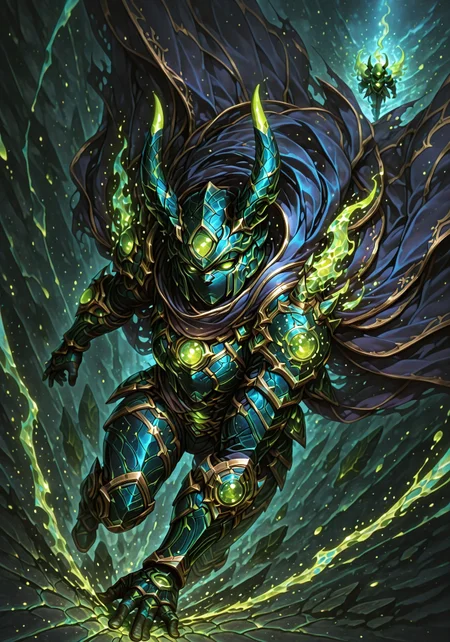 masterpiece, best quality, ultra-detailed, absurdres, 64K, high resolution, concept art, official art, illustration, fantasy illustration, very aesthetic, highly detailed, beyond intricately detailed, stylized, stunning, smooth quality, colorful, digital artwork, abstract, HDR, raytraced lighting, high contrast, dramatic shadows, heavy shadows, depth of field, glowing energy highlights, ornate design, sharp focus, highly detailed face, (full-body:1.4), character-focused scene, strong facial expression, strong colors, realistic metal texture, strong silhouette, BREAK,
(action shot, wide angle, camera from above, full view:1.4),
(1girl, petite adult body, warlock, twisted arcane armor, (slate blue chestpiece with angular metallic runes), (acid lime glowing cracks and veins throughout the armor:1.4), (dark plum fabric and tattered cloak with runic embroidery), spellcasting pose, hands raised, (green magical energy swirling around her fingers), (acid lime eyes glowing intensely), horned helmet made of slate metal with glowing lime lines, floating in a ruined temple, crumbled arcane stones, Action-combat stance, dynamic pose),