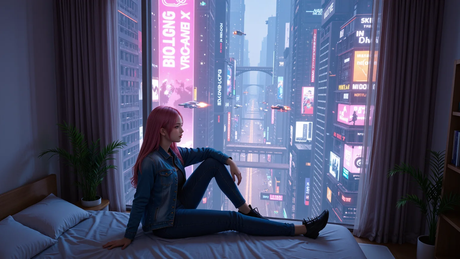 Inside a high-rise apartment,a pink-haired 20-year-old girl lounges on a bed near the window,wearing a denim jacket and fitted jeans. The cyberpunk city beyond is alive with neon billboards,flying vehicles,and futuristic buildings. Her eyes reflect the city lights as she watches the world outside. The high-angle shot enhances the sense of immersion and futuristic ambiance.,<lora:yuukananri-base-02-flux:0.8>,yuukananri,she has a slender physique and a petite build,<lora:kcyberpunk-01:0.5>,kcyberpunk,