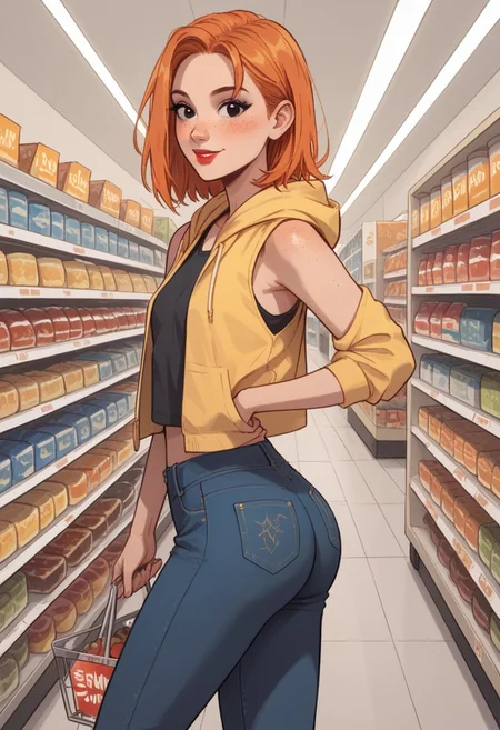 score_9, score_8_up, score_7_up, 1girl, solo, looking at viewer, saragoleadoras, (adult body:1.2), perfect eyes, slim body, small round breasts, small butt, narrow waist, narrow hips, orange hair, black eyes, face freckles, medium hair, makeup, eyeliner, lipstick, cheerful, open yellow hoodie parka, blue shorts jeans, tank top, sleeveless, walking posing, shopping center